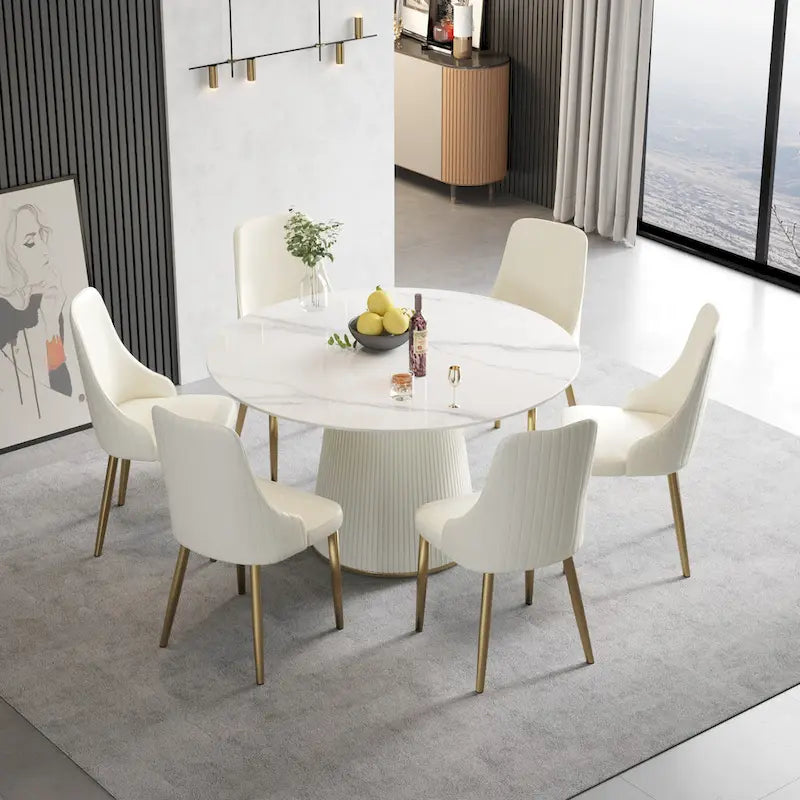 Table à manger ronde de 53 pouces pour 6 personnes avec plateau en pierre frittée et plateau tournant (Lazy Susan)