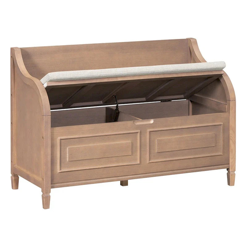 Banc de rangement rustique en bois massif pour entrée avec charnière de sécurité