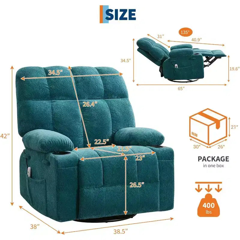 Fauteuil inclinable surdimensionné pour adultes, canapé berçant pivotant manuel, poches latérales et porte-gobelets pour personnes fortes et de grande taille, salon