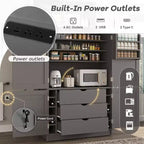 Grand meuble de garde-manger de cuisine avec prises électriques, grand placard autoportant avec support pour micro-ondes, tiroirs, étagères, casiers à vin et étagère de porte