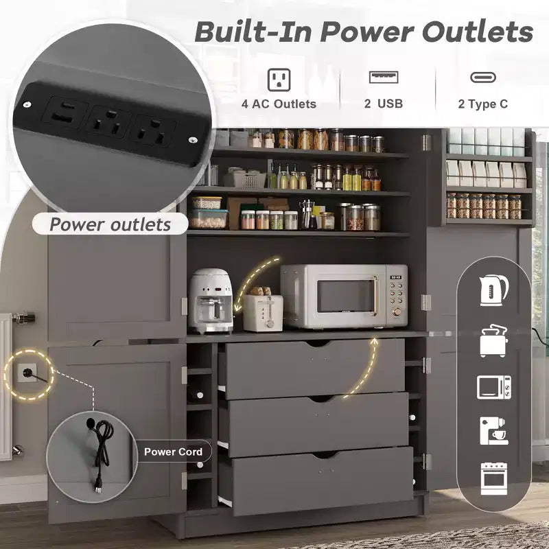 Grand meuble de garde-manger de cuisine avec prises électriques, grand placard autoportant avec support pour micro-ondes, tiroirs, étagères, casiers à vin et étagère de porte