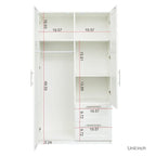 Armoire de rangement en bois blanc avec portes, tiroirs et tringle à vêtements