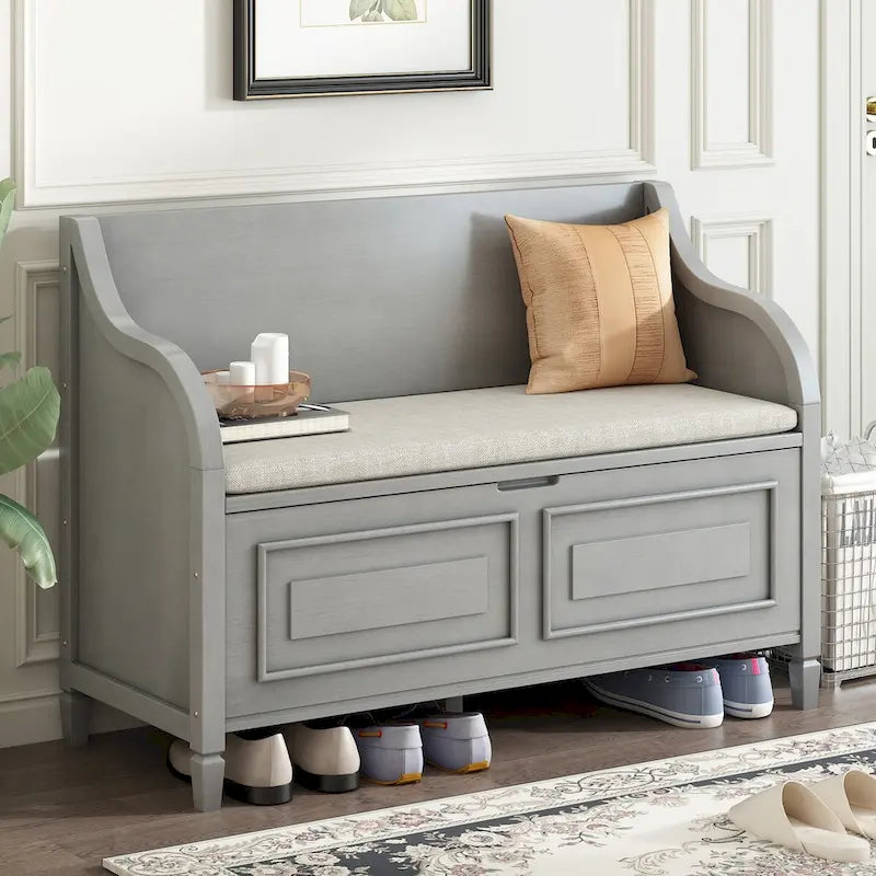 Banc de rangement rustique en bois massif pour entrée avec charnière de sécurité