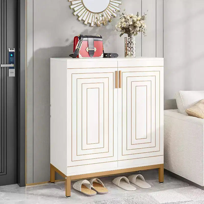Meuble à Chaussures pour 20 Paires, Armoire de Rangement Moderne à 6 Niveaux avec Portes, Organisateur d'Entrée Autonome, Blanc et Or