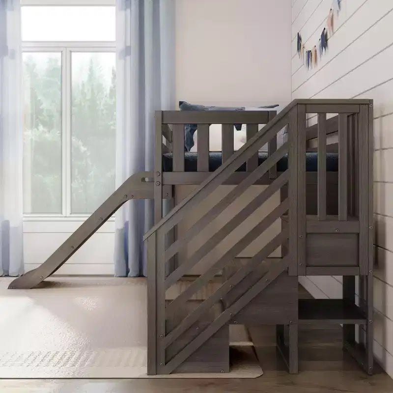 Lit bas mezzanine simple pour enfants avec toboggan et escalier, bois massif, 14 barrières de sécurité, capacité de 180 kg