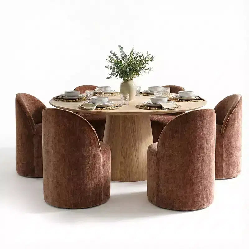 Ensemble de salle à manger moderne pour 6 personnes, table à manger ronde avec pied central, chaises de salle à manger pivotantes à roulettes, tissu chenille texturé - Panipeachy