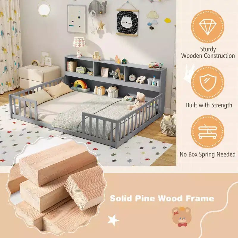 Lit de sol Montessori double/complet avec étagères de rangement et barrières de sécurité Blanc/Gris