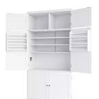 Grand meuble de garde-manger de cuisine avec prises électriques, grand placard autoportant avec support pour micro-ondes, tiroirs, étagères, casiers à vin et étagère de porte