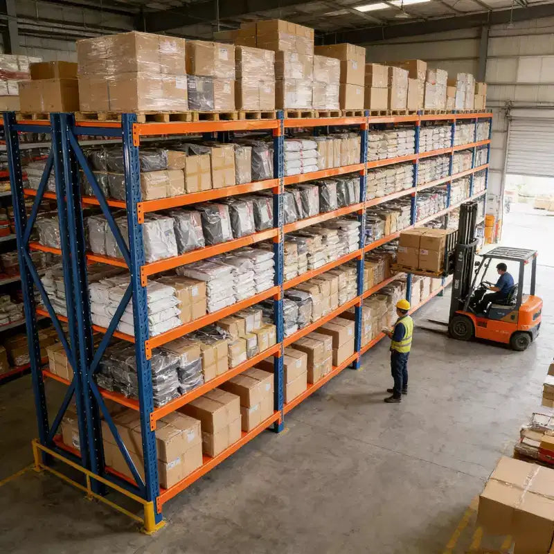 Étagères de garage robustes VIYET, rayonnage métallique réglable à 4 niveaux d'une capacité de 2000 kg, rangement industriel bleu et orange pour magasin/outils/salle de sport.
