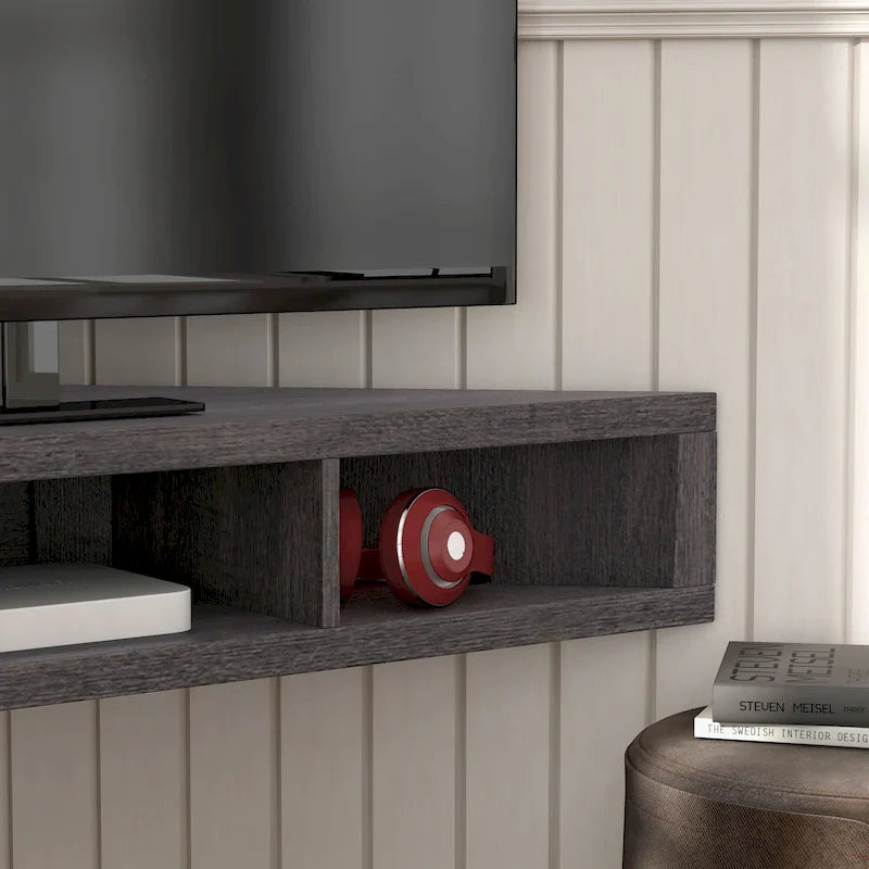 Meuble TV d'angle flottant 47", 3 étagères, style transitoire, fixation murale peu encombrante