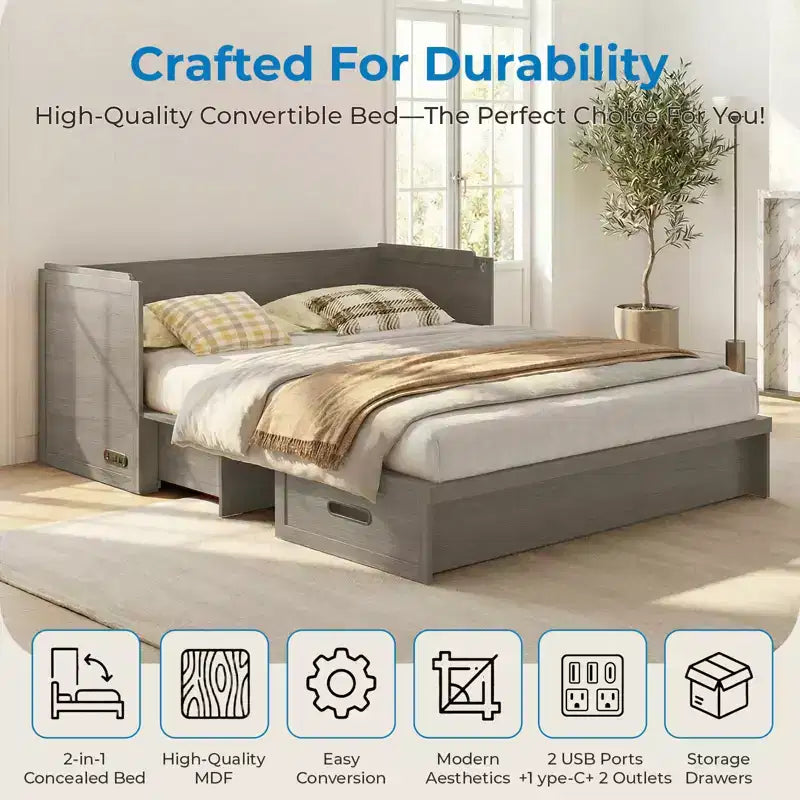 Lit armoire escamotable convertible Mjkone Queen Size avec chargement USB, tiroirs de rangement, matelas non inclus