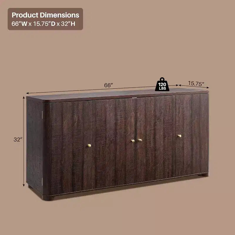 Buffet de cuisine avec 4 portes et étagères, grand buffet de rangement moderne, buffet de rangement de 66 po pour bar à café