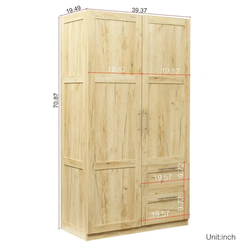 Armoire de rangement en bois blanc avec portes, tiroirs et tringle à vêtements