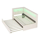 Lit de repos double/complet avec tiroir gigogne et tête de lit bibliothèque en L, lit d'angle doux rembourré en lin avec étagères de rangement et bande LED