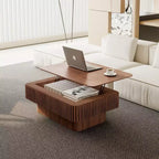 JVNOXK Table basse à plateau relevable cannelé de 98 cm avec rangement, placage bois massif, hauteur réglable, table d'appoint moderne pour salon, chambre, noyer
