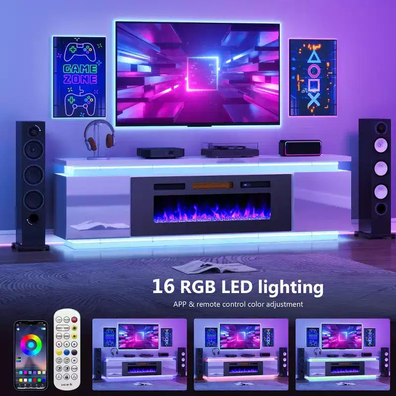 Meuble TV Skyzoo avec foyer électrique intégré, pour téléviseurs jusqu'à 80 pouces, avec lumières LED et 4 prises CA, console TV pour salon