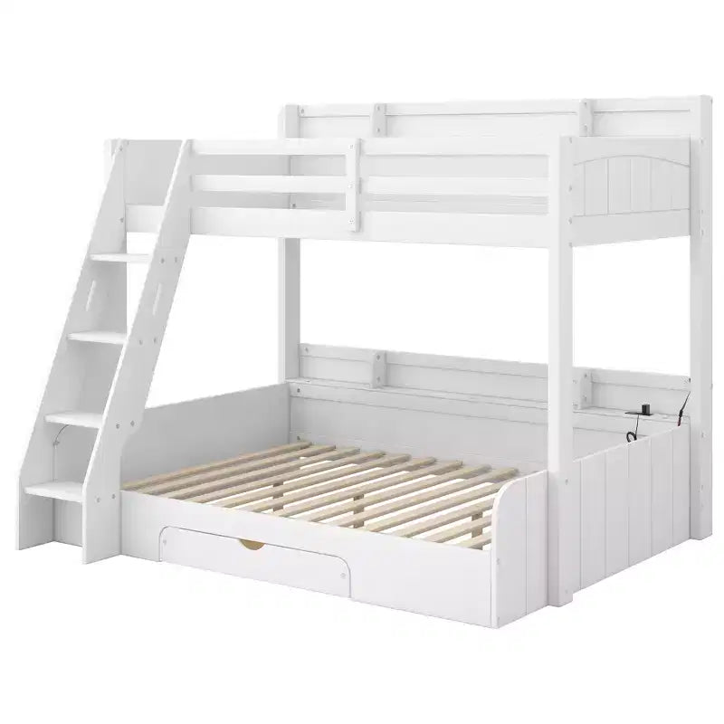 Lit superposé double sur toute la longueur avec rangement, lumières LED et station de charge, lit superposé en bois avec étagères latérales pour enfants et adolescents