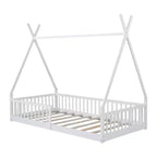 Lit de sol pour enfants, lits cabane doubles, lit de sol Montessori avec lattes et barrières de protection, cadre de lit cabane en bois pour garçons et filles
