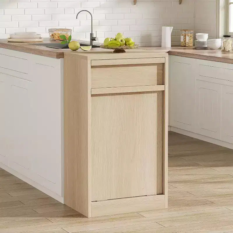 Poubelle inclinable, chêne naturel, poubelle avec rangement et tiroir, meuble poubelle caché, panier à linge pour cuisine, salle à manger, salon