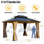 Tonnelle EROMMY à toit rigide, pergola extérieure avec double toit, moustiquaire et rideaux, auvent robuste pour patio, jardin, fête au bord de la piscine