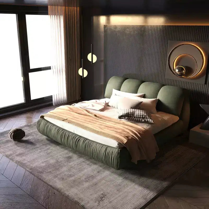 MAYEERTY Lit plateforme de luxe Queen Size tapissé avec tête de lit rembourrée surdimensionnée et cadre en bois massif Vert