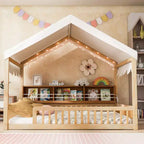 Cadre de lit en bois pleine grandeur Whisen, lit de repos en forme de maison avec clôture, 3 étagères de rangement, rideau