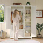 AMERLIFE Armoire de garde-robe de ferme 47 avec 3 portes, 2 tiroirs, tringle à vêtements et étagères réglables, organisateur de placard autoportant