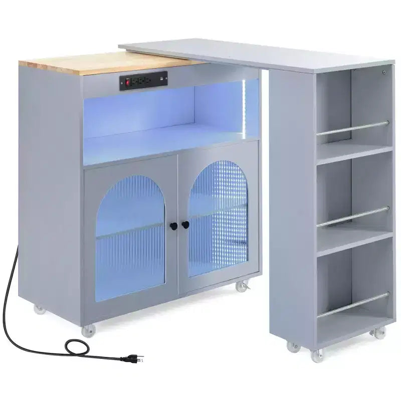 Îlot de cuisine roulant avec 2 portes en verre, Desserte de cuisine avec table extensible et prises de courant, Îlot de cuisine avec étagères ouvertes latérales