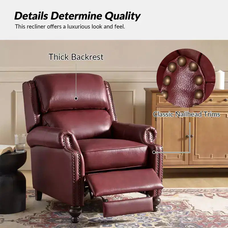 Ensemble de 2 fauteuils inclinables modernes en cuir véritable Elisabete avec garniture cloutée vintage pour salon et chambre à coucher | ART OF LIVING DESIGNS