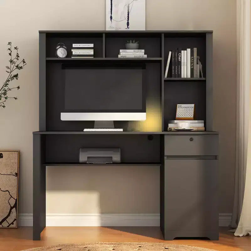 Bureau informatique moderne de 130 cm avec huche et étagère, bureau avec grand rangement, bureau d'écriture pour l'étude, salle de lecture