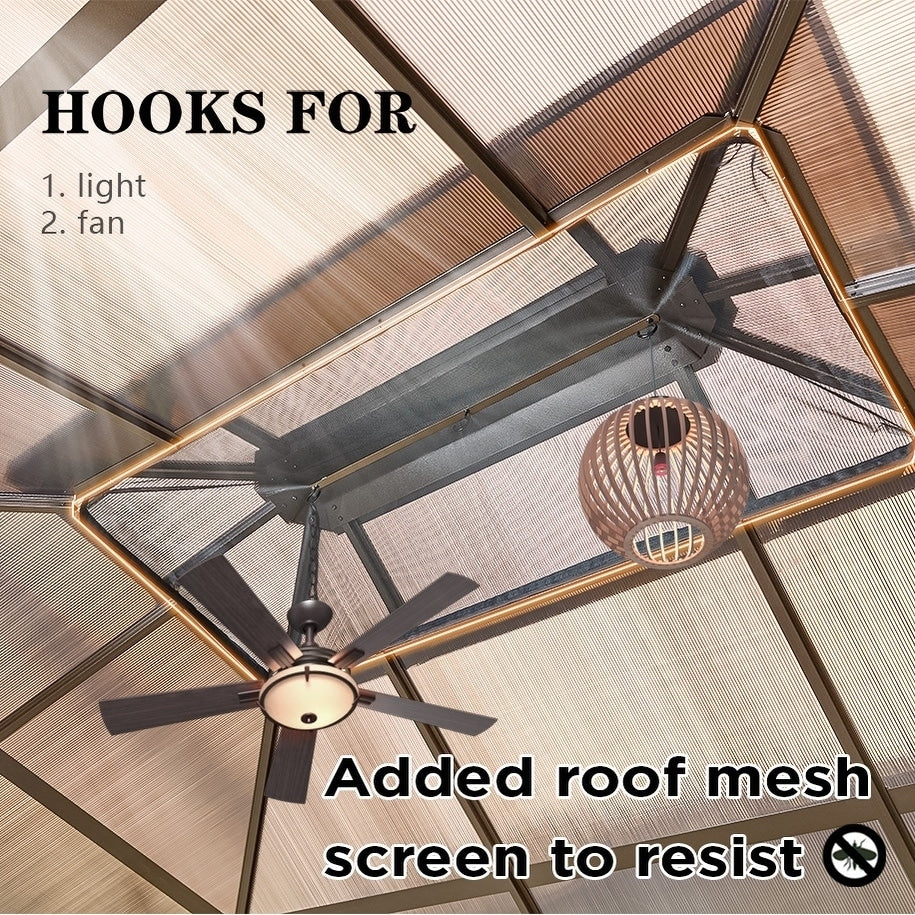 Tonnelle EROMMY à toit rigide, pergola extérieure avec double toit, moustiquaire et rideaux, auvent robuste pour patio, jardin, fête au bord de la piscine