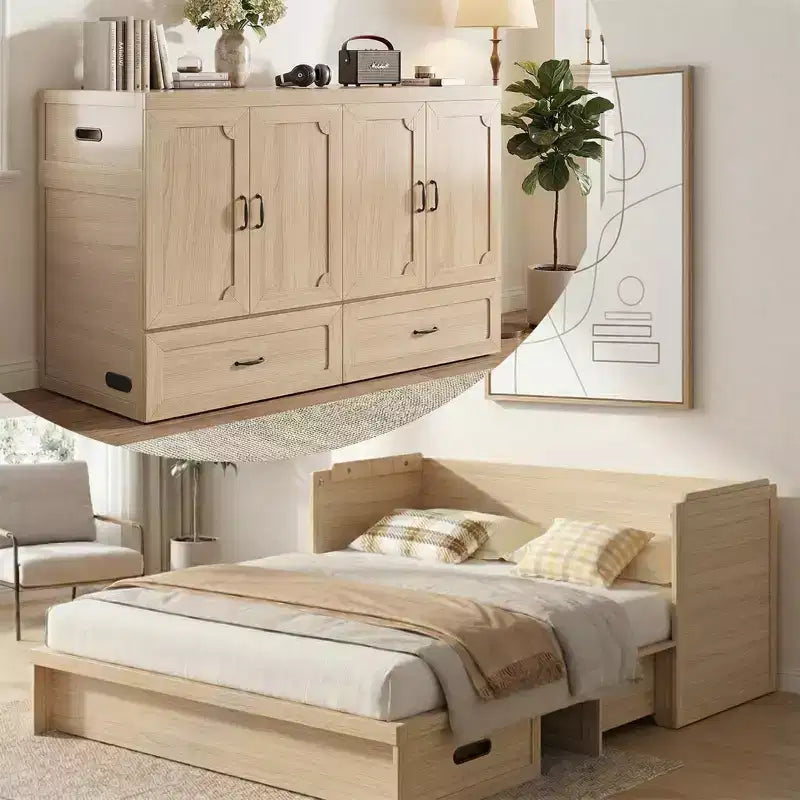 Lit escamotable convertible Queen Size Mjkone avec matelas, chargement USB, tiroirs de rangement