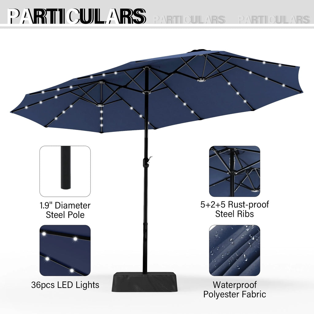 Parasol de marché extérieur rectangulaire de 4,5 m avec manivelle, double face, lumières LED solaires et base incluse