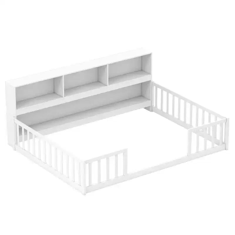 Lit de sol Montessori double/complet avec étagères de rangement et barrières de sécurité Blanc/Gris
