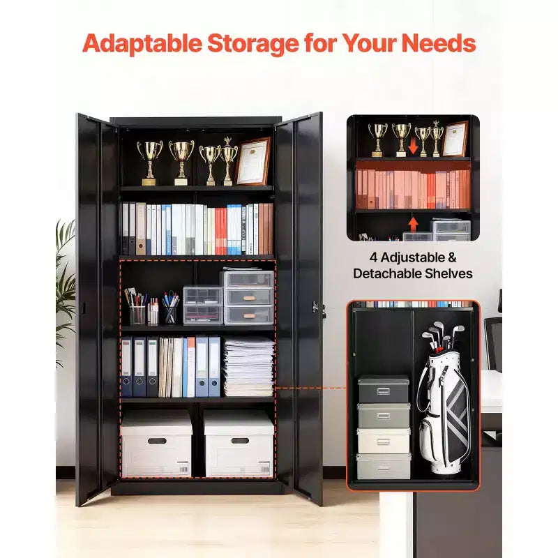 Armoire de Rangement Métallique VEVOR, Meuble de Rangement Verrouillable en Acier de 175 cm avec 4 Étagères Réglables, 2 Portes Magnétiques, 2 Clés, 5 Niveaux de Rangement pour Outils, Noir