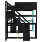 Lit mezzanine GDFStudio Scott en bois avec escalier de rangement, bureau, étagères et panneau perforé