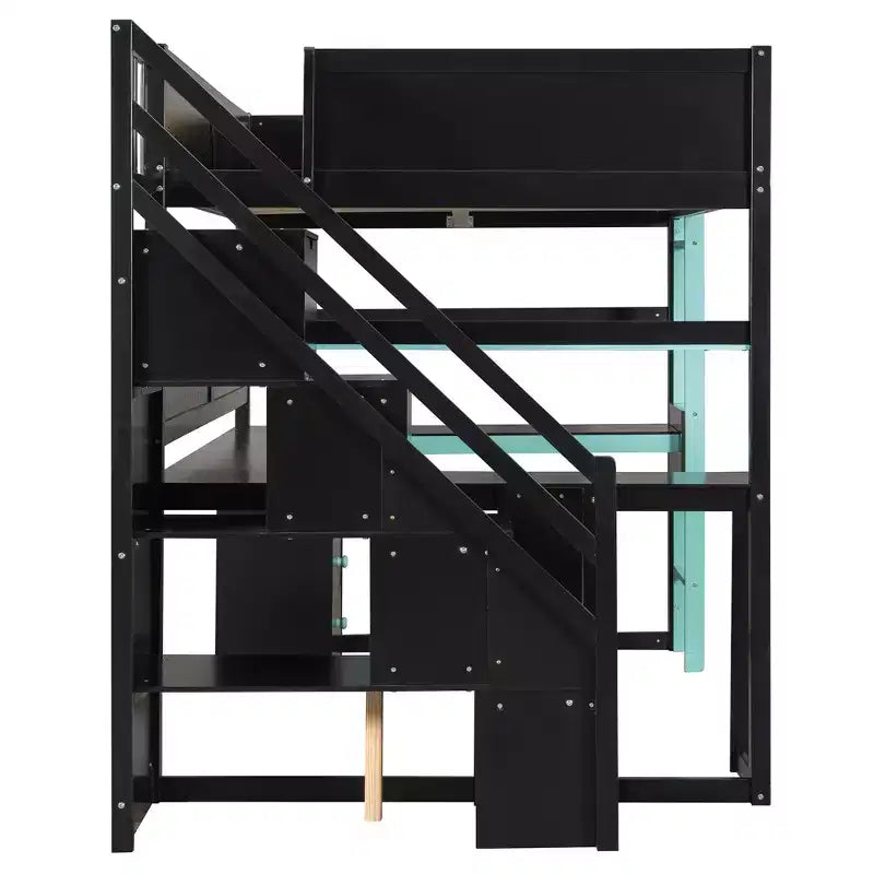 Lit mezzanine GDFStudio Scott en bois avec escalier de rangement, bureau, étagères et panneau perforé
