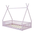 Lit de sol pour enfants, lits cabane doubles, lit de sol Montessori avec lattes et barrières de protection, cadre de lit cabane en bois pour garçons et filles