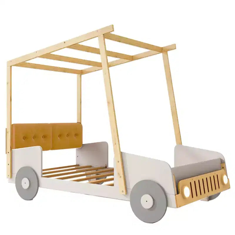 Lit de voiture Whisen Wood avec oreiller, tissu de plafond et LED - Naturel
