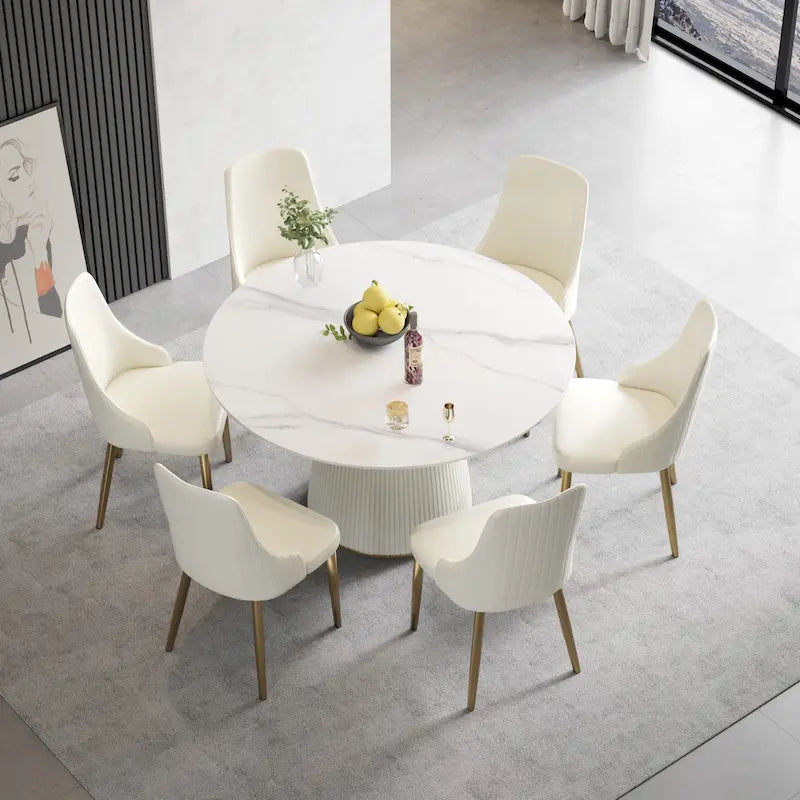 Table à manger ronde de 53 pouces pour 6 personnes avec plateau en pierre frittée et plateau tournant (Lazy Susan)