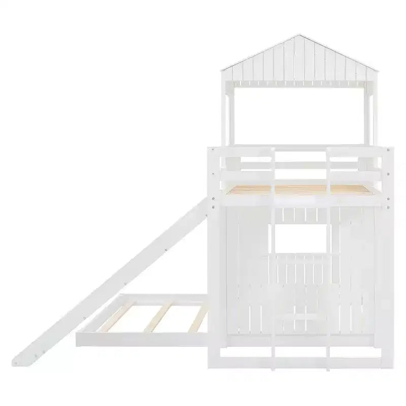 Lit superposé en bois Luxystar avec maisonnette, toboggan et barrières de sécurité, double sur grand lit
