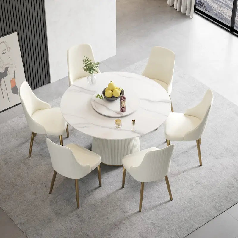 Table à manger ronde de 53 pouces pour 6 personnes avec plateau en pierre frittée et plateau tournant (Lazy Susan)