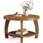 Table basse ronde en bois massif Lantine, table centrale à 2 niveaux avec rangement, plateau de 80 cm avec motif mosaïque, assemblage facile, pour salon, marron