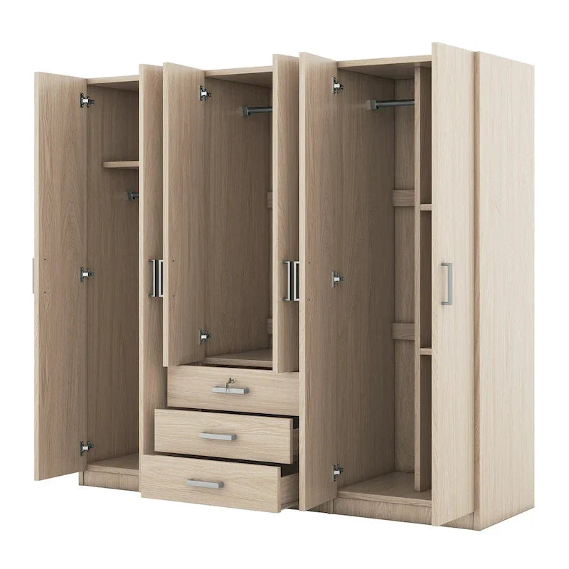 Armoire 6 portes en bois avec 3 grands tiroirs de rangement pour chambre à coucher
