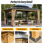 Tonnelle EROMMY à toit rigide, pergola extérieure avec double toit, moustiquaire et rideaux, auvent robuste pour patio, jardin, fête au bord de la piscine
