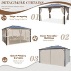 Tonnelle EROMMY à toit rigide, pergola extérieure avec double toit, moustiquaire et rideaux, auvent robuste pour patio, jardin, fête au bord de la piscine