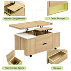 Table basse relevable multifonctionnelle et moderne avec rangement dissimulé, 4 tabourets et roulettes, parfaite pour les espaces de vie modernes.
