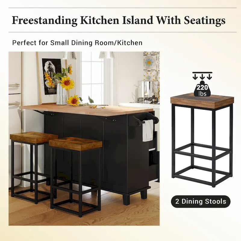 Ensemble d'îlot de cuisine TOPMAX avec abattant et 2 tabourets, ensemble de table à manger avec étagère réglable, tiroirs et porte-serviettes