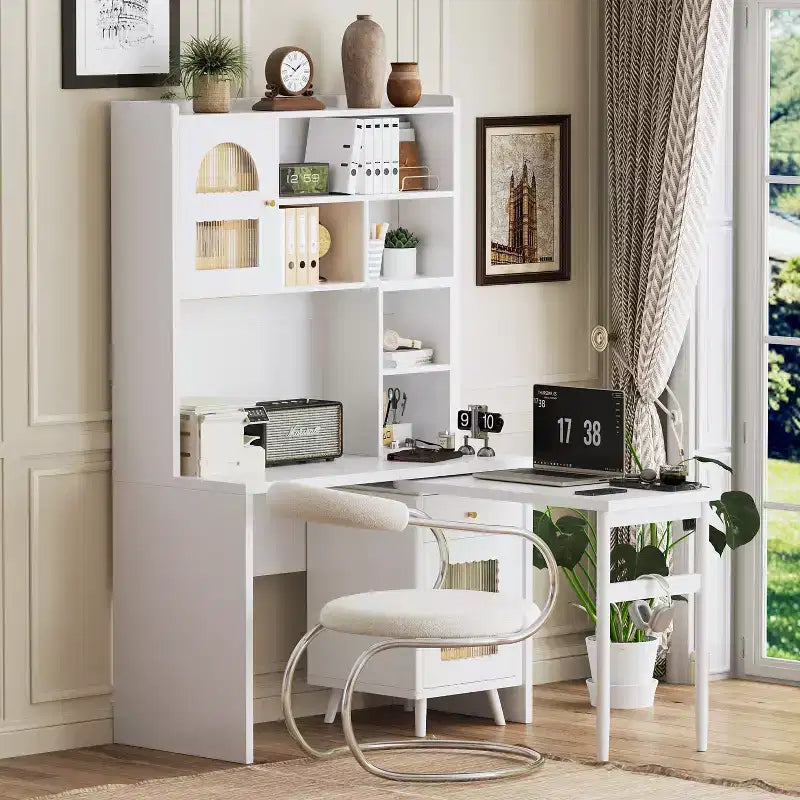 Bureau d'ordinateur en bois moderne Okak pour la maison avec plateau/chaise et étagère, bureau d'écriture de rangement pour adolescents et étudiants pour l'étude, le bureau