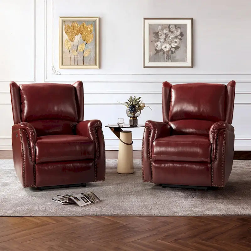 Fauteuil inclinable électrique en cuir véritable avec port USB – Ensemble de 2 fauteuils à oreilles cloutés